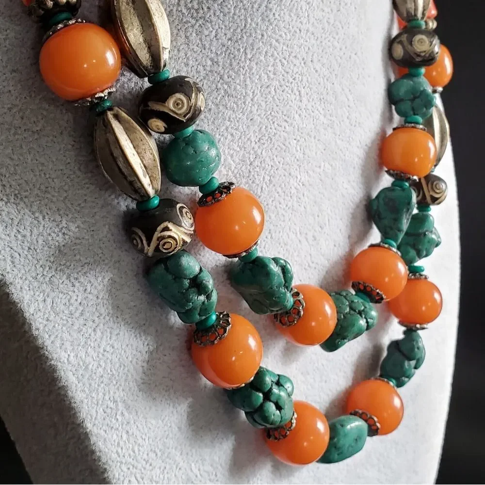 NWT Bohemian Boho Orange Bead Lot of 2 Necklaces‎ 19 to 22 in. World Mrkt India